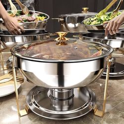 Set of 2 6 Quart Round 408 Stainless Steel Platter with Glass Lid, Buffet Warmer Set, 2 Pack, with 2 Gold 9 Inch Plum Blossom Clips, for Home Gatherin