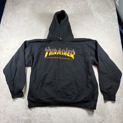 Vintage Thrasher Skateboard Magazine Flames Men’s L Black Hoodie Sweatshirt Y2K