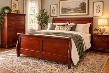 Cherry Wood Finish Sleigh Bed Bedroom Set – Tall Chest & Nightstand – Traditional Style with mattress included