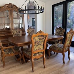 Ethan Allen Tuscany Verona Dining Set- Inlaid Wood Table, 6 chairs, Cabinet plus  Hutch with Lights