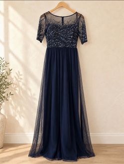 Adrianna Papell Dress Womens 2P Navy Beaded Sequin Top Short Sleeve Long Gown