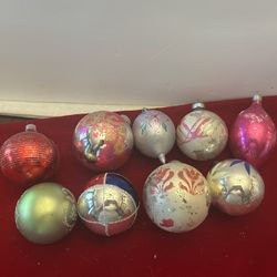 Vintage Lot Of 9 Mercury Glass Round Stencil Ornaments 