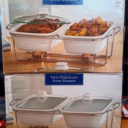 2 Twin Porcelain Food Warmer  2 Servers