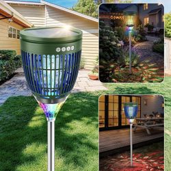 Solar Bug Zapper Outdoor Waterproof with Flame Effect Light, 10 Starry Ambient Light with Breathing Effect Height Adjustable with Ground Stake for Pat