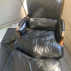 Vintage Wood And Leather High Back Chair With Ottoman