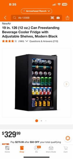 NewAir 19 in. 126 (12 oz.) Can Freestanding Beverage Cooler Fridge with Adjustable Shelves, Modern Black