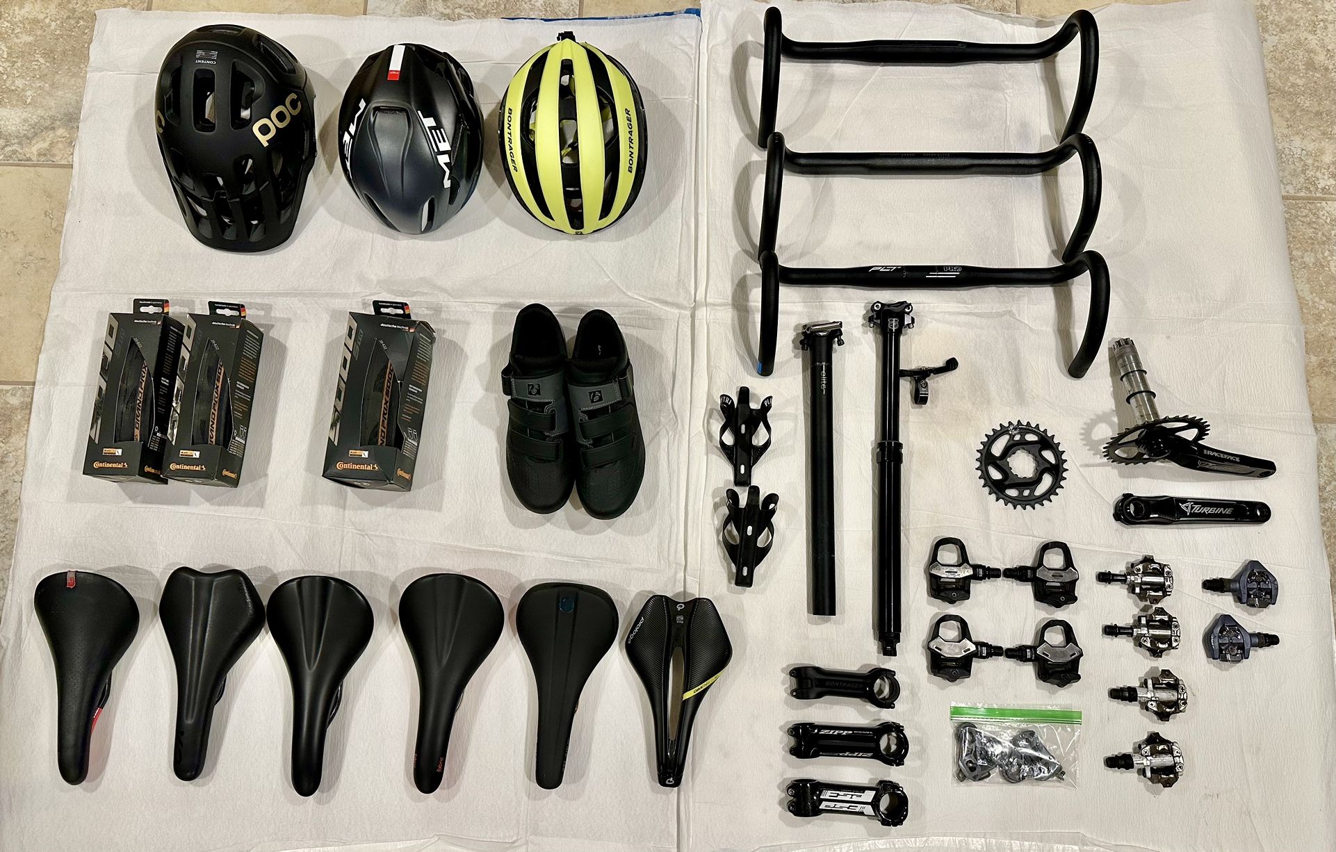 Bike Parts Bin Clean Out Bicycle Helmets Handlebarse Stems Pedals Seatpost Saddles Cages Tires