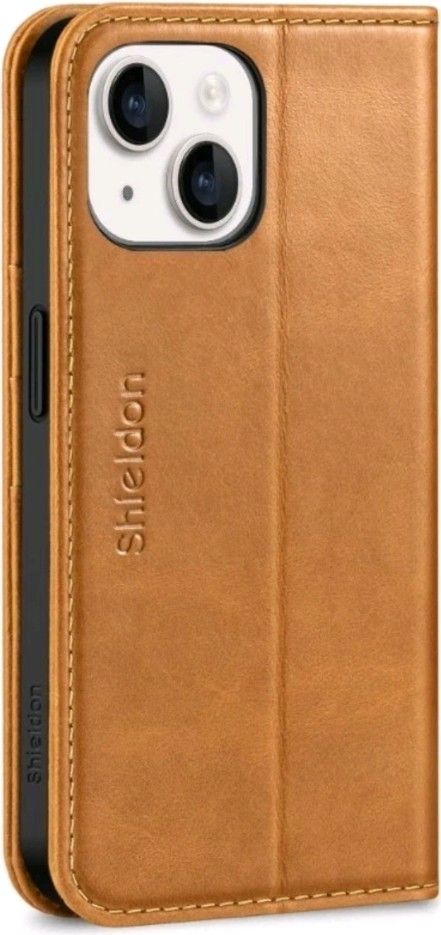 SHIELDON Case for iPhone 15 5G 2023, Genuine Leather Wallet Flip Brown 