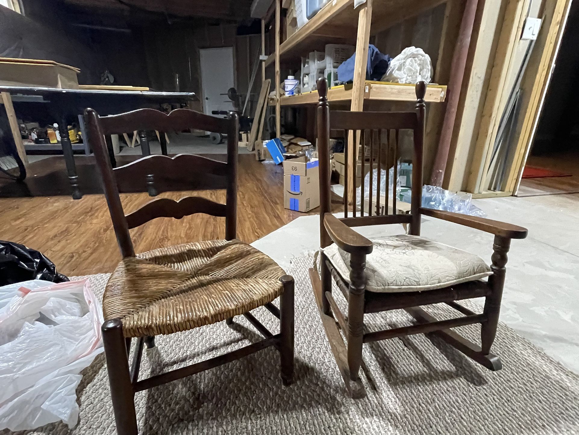 Child-sized antique chair and rocker