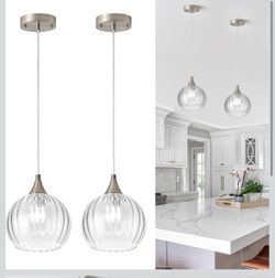 Brushed nickel pendant lights for kitchen island, globe pendant lights with 8-inch clear glass shade, modern hanging lights for kitchen, bedroom (pack