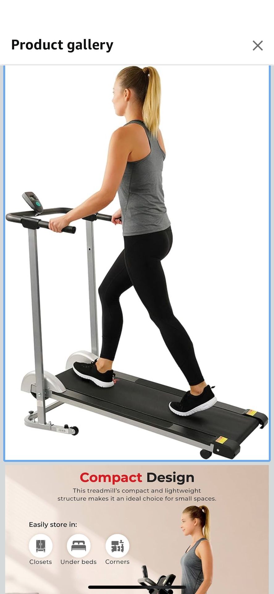 Sunny Health & Fitness Compact & Foldable Treadmill, Non-Slip Surface, Optional Dual Mode Walking/Running, Non-Electric Fixed Incline, Digital Monitor