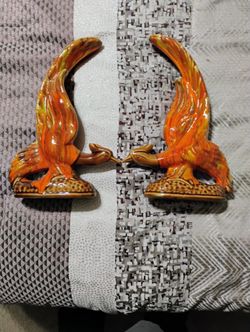 Vintage Ceramic Pheasant Figurines 12" Orange Brown Yellow Drip Glaze MCM Retro Vintage