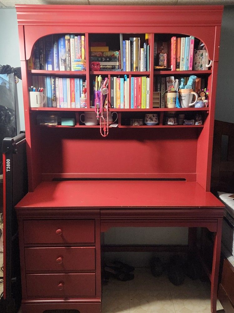 Red Desk With Hutch & Bookshelf