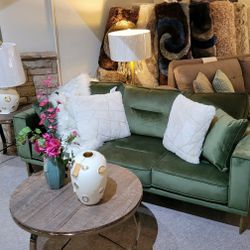 New Green Velvet Sofa Mid-Century Modern with 2 Pillows