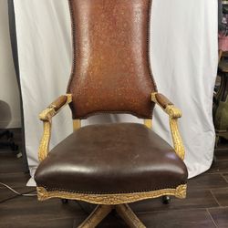 Tooled Leather & Carved Wood Executive Chair – Western Baroque Style