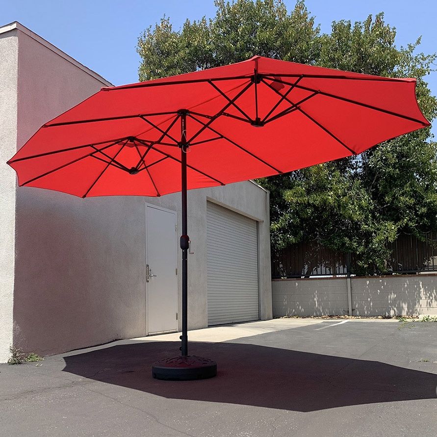 (New) $130 Large 15x9 FT Double Sided Umbrella with Weight Base set (Red/Gray color)