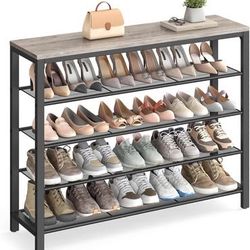 New Large Shoe Rack, Organizer for Closet with 4 Mesh Shelves and Large Top for Bags, Grey and Black