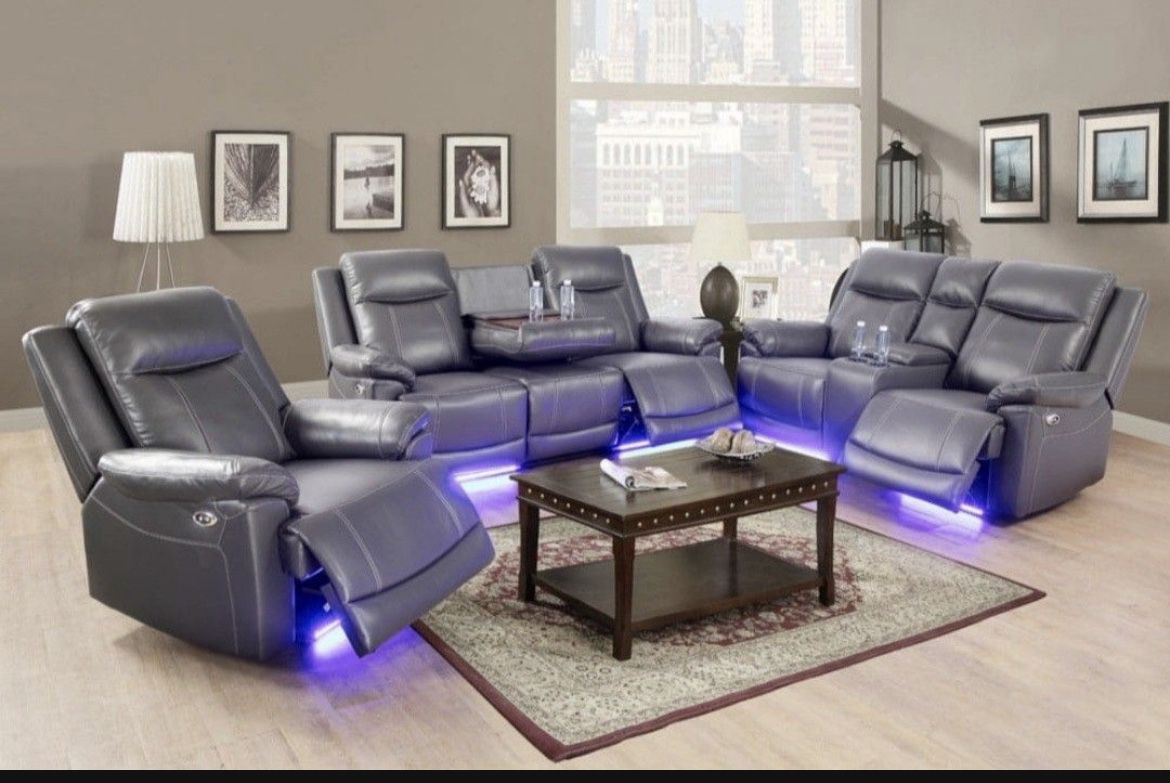 New Dark Gray Leather Recliner Powered Set Include Sofa, Loveseat And Chair With Cup Holders Console And LED Lights New In Sealed Packaging 