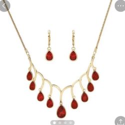Deep Red Waves Drop Gold Plated Jewelry Set 