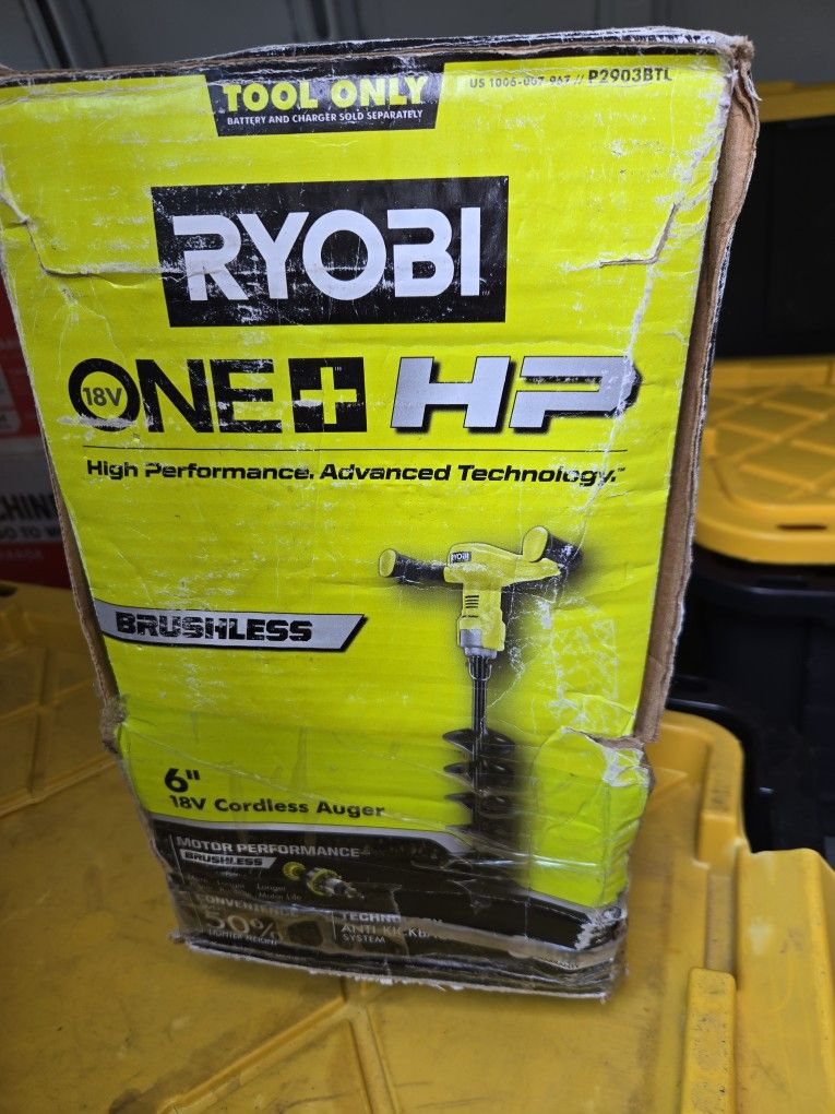 RYOBY 18V ONE + HP HIGH PERFORMANCE BRUSHLESS 6-" CORDLESS AUGER NEW (TOOL ONLY)