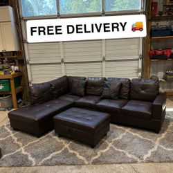 Brown Faux Leather Sectional Sofa w/ Ottoman - good condition