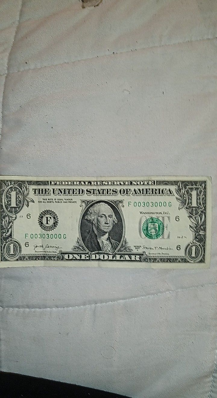 Low Binary $1 Bill 2017 A Series  Serial # F00303000G Atlanta Ga. 