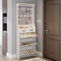 Tall Hidden Shoe Cabinet with Coat Rack, Freestanding Shoes Cabinet with 3 Flip Drawers, 2 Drawers and Open Shelves, Entryway Shoe Rack Organizer Cabi