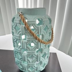 13” Tall LANTERN Light blue lantern w/decorative cut outs,rope handle