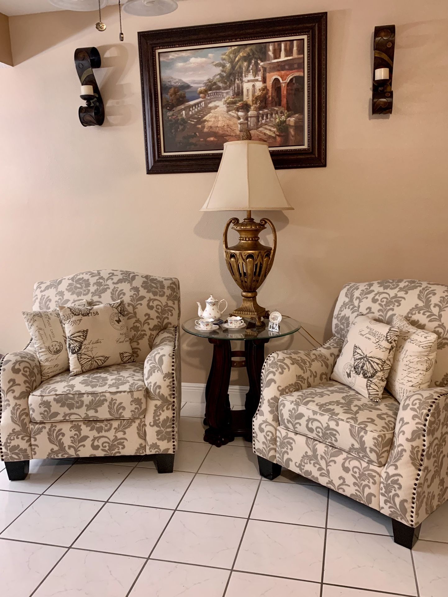 Beautiful Accent Chair With Table., Lamp, Oil Painting and Candle Holders  