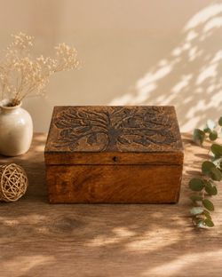 Hand Carved Solid Wood Keepsake Box – Tree of Life Decorative Storage Box