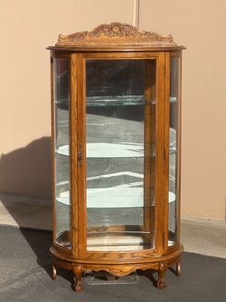 Antique Oak Curved Glass Curio Cabinet with light
