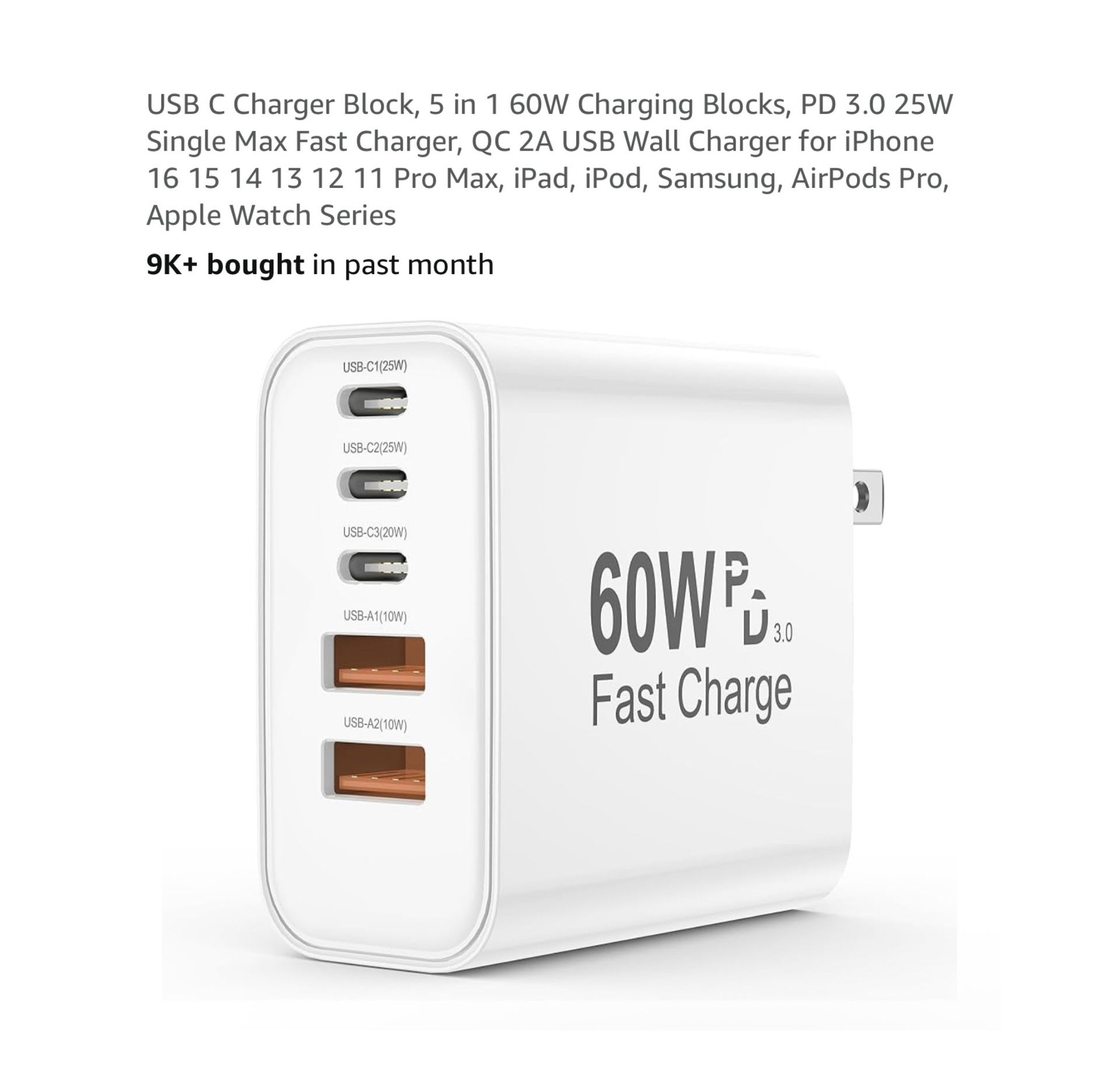 Brand new USB C Charger Block, 5 in 1 60W Charging Blocks, PD 3.0 25W Single Max Fast Charger, QC 2A USB Wall Charger for iPhone 16 15 14 13 12 11 Pro
