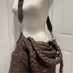 PICCI Diaper Bag Brown Soft Quilted Nylon, Leather Trim, 14”x14”x4”