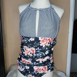 Floral With Black And White Bathing Suit