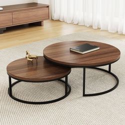 Modern Round Coffee Table Set, Nesting Cocktail Tables with Black Metal Legs, Walnut Wood Finish, Easy Assembly, 31.5/23.7 Inches, Perfect for Living 