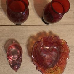 (2)(Beautiful Maroon Vases and Rabbit (heavy) Candle holder & Triangular Bowl