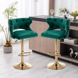 Set Of 2 Green velvet back and golden footrest counter height Chairs [NEW]