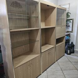 Tall Glass and Beige Wood Finish TV Cabinet Hutch