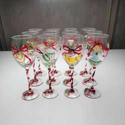 Block Basics 12 Days of Christmas Wine Glasses Vintage Goblets Hand Painted