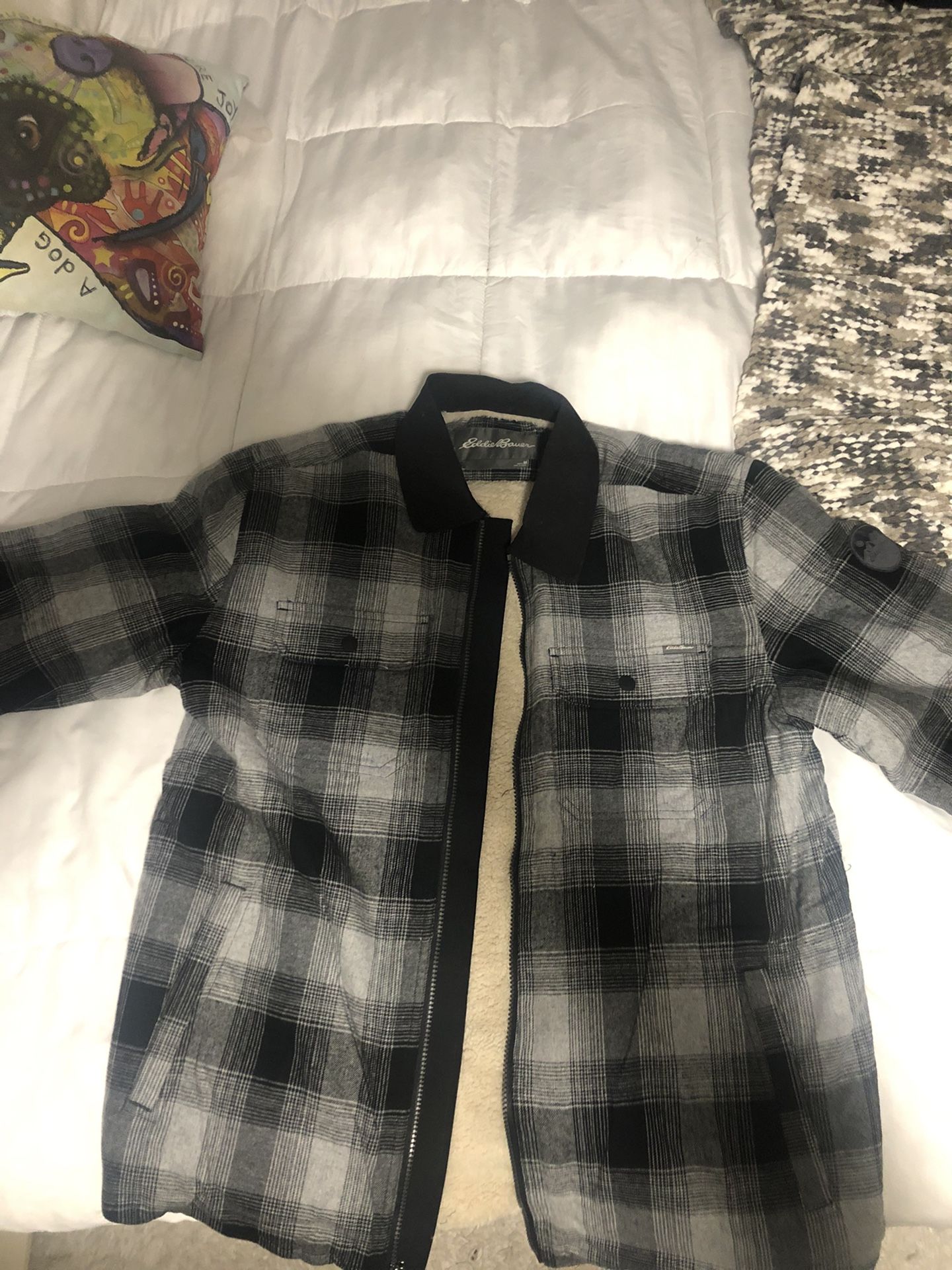 Eddie Bauer Flannel Coat Jacket Sherpa Plaid Grey Black Size Medium Zipper Brand New With Tags 