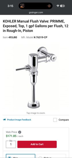 KOHLER Flush Valve: PRIMME, Exposed, Top, 1 gpf Gallons per Flush, 12 in Rough-In, Piston