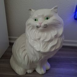 Vintage Large 14" Ceramic Gray/White Persian Cat Statue Figurine