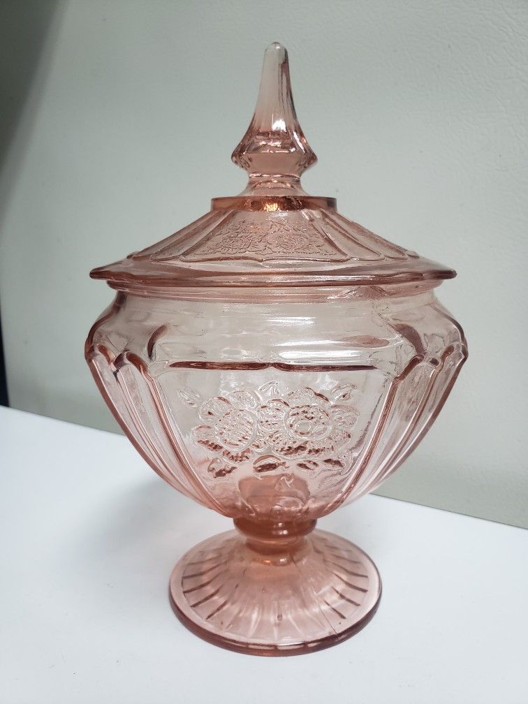 Antique Pink Depression Glass Candy Bowl w/ Lid