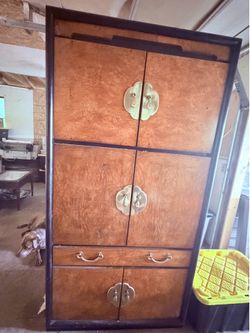 Bernhardt BrandedChinoiserie Armoire Dresser with Two Tone Black & Burl Wood - Asian Brass Hardware