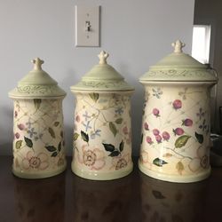 Tracy Porter Hand Painted Ceramic Cookie Baking Kitchen Jars With Lids Floral Nature Theme Set Of 3