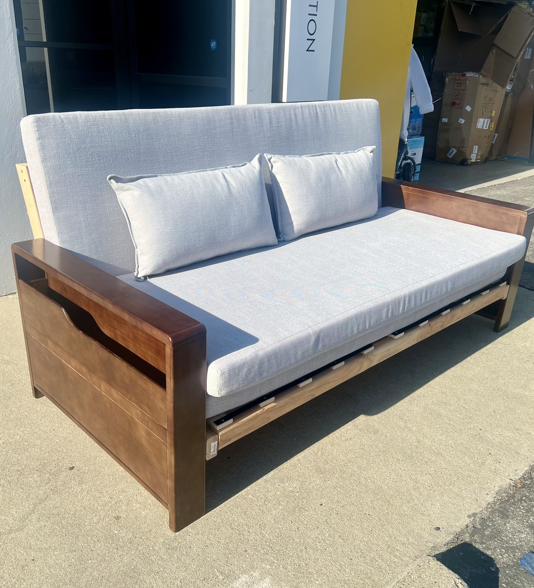 Custom Handmade Sofa – Solid Wood Frame & Gray Cushions (New)