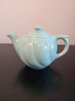 Vintage Miniature Light Seafoam Color Fluer De Lis Embossed Ceramic Teapot
