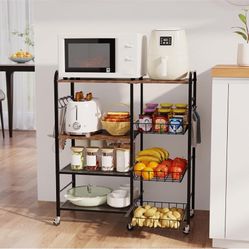 Rolling Kitchen Microwave Cart - 4 Tier Microwave Table Stand with Pull-Out Baskets, Coffee Bar Baker's Rack with Wheels Rolling Storage Cart Organize