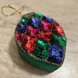 Vtg Christmas Satin, Sequin & Beads Light Bulb Shaped Trinket Box Ornament