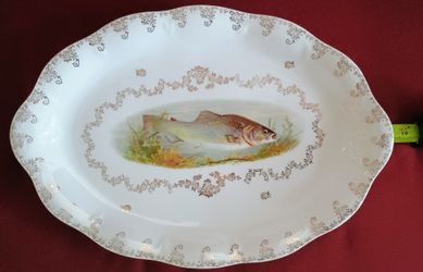 Signed Fabulous Large Vintage Trout Platter with Gold Gilted Lace Trim. 18" x 12" signed on back made in Bavaria no chips or cracks great condition. G